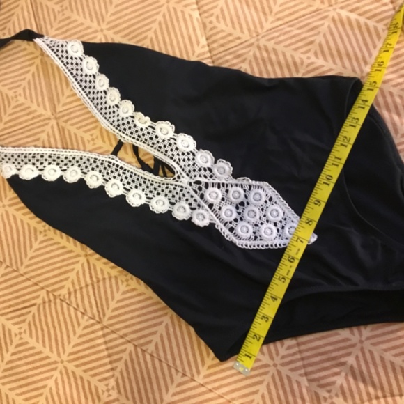 Black deep V halter swimsuit, cream crochet trim, size small - Picture 2 of 5